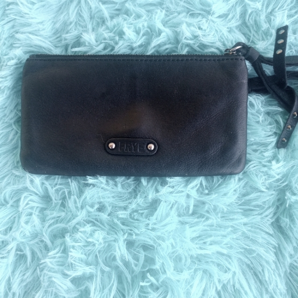 Frye Black Leather Studded Fringe Wallet
